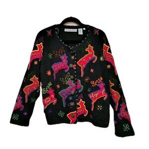 Michael Simon New York Embroidered / Beaded Reindeer Cardigan Sweater Size 2